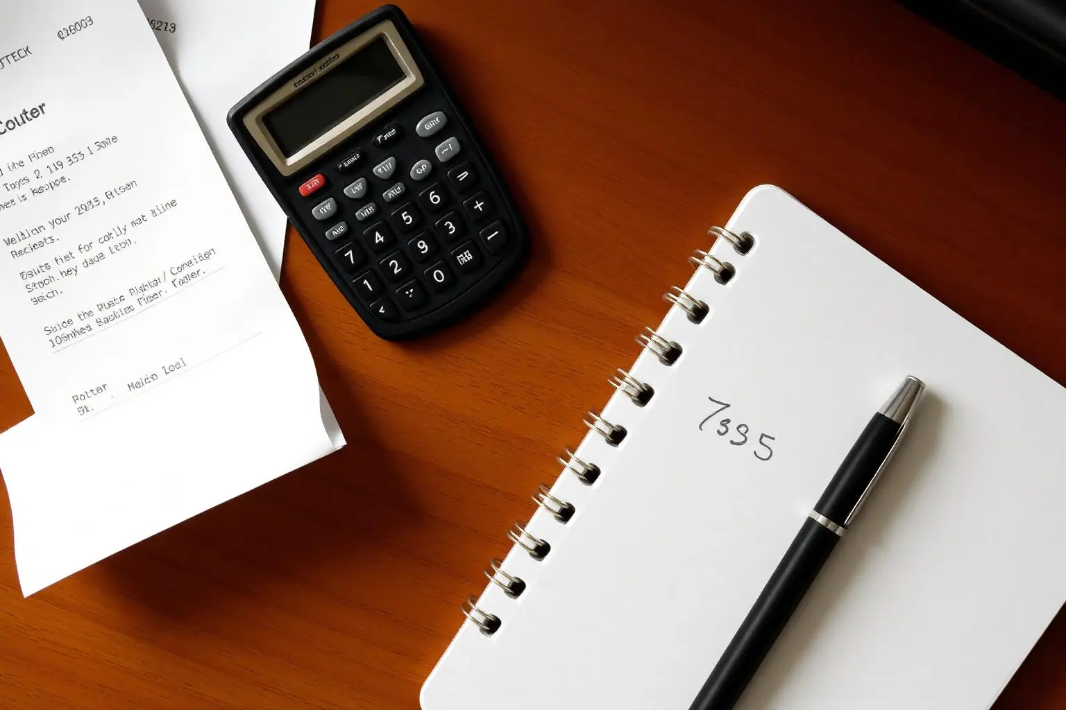 Reçu, calculatrice et carnet de notes sur un bureau
