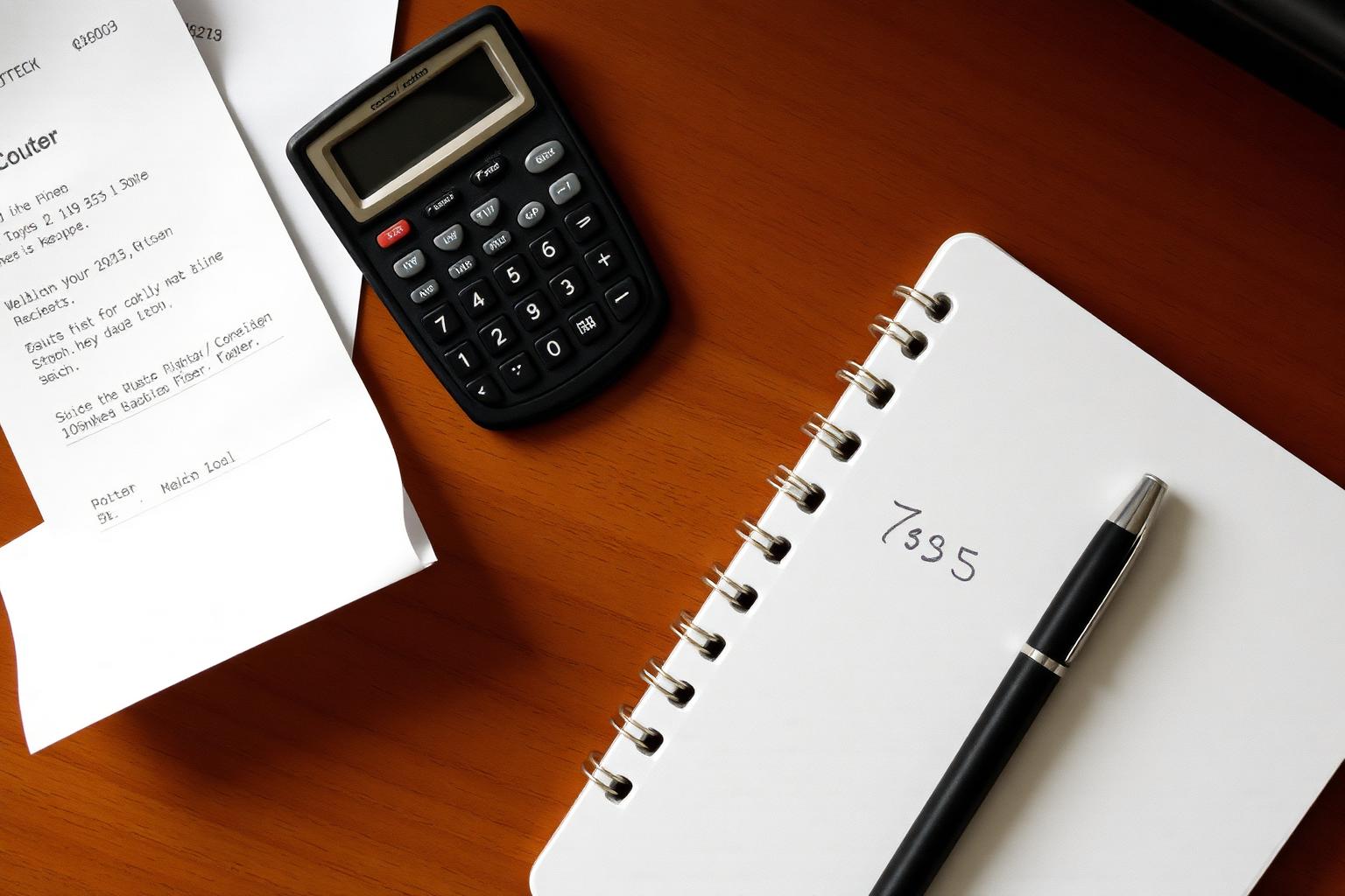 Receipt, calculator and notebook on a desk
