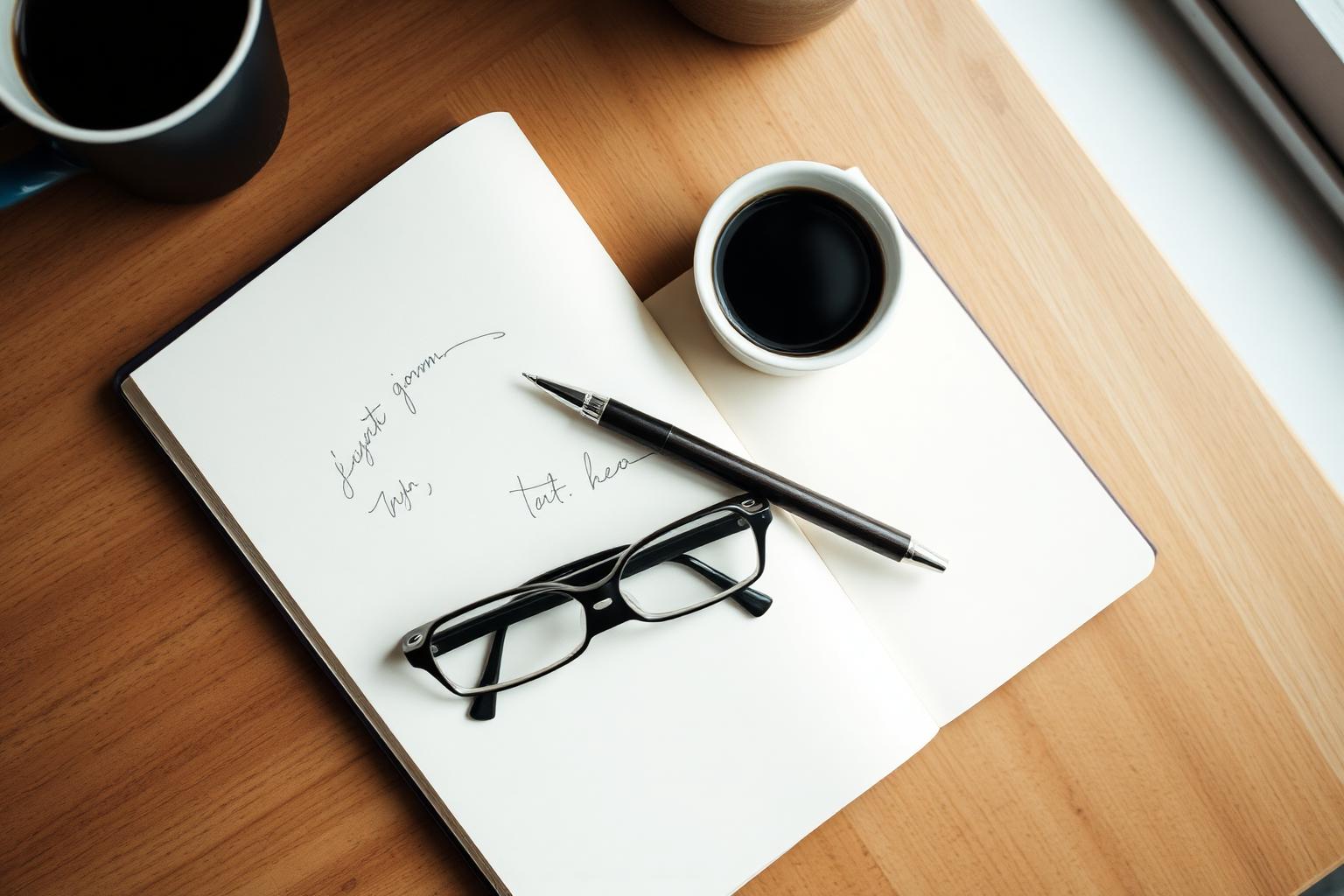 Open notebook, pen, reading glasses and a cup of coffee on a wooden desk