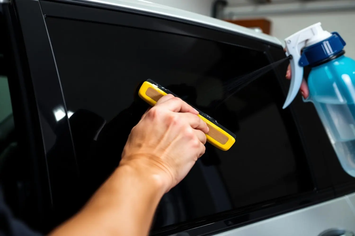Une personne installant un film à vitres teintées céramique prédécoupé sur la vitre d'une portière à l'aide d'une raclette jaune et d'un vaporisateur.