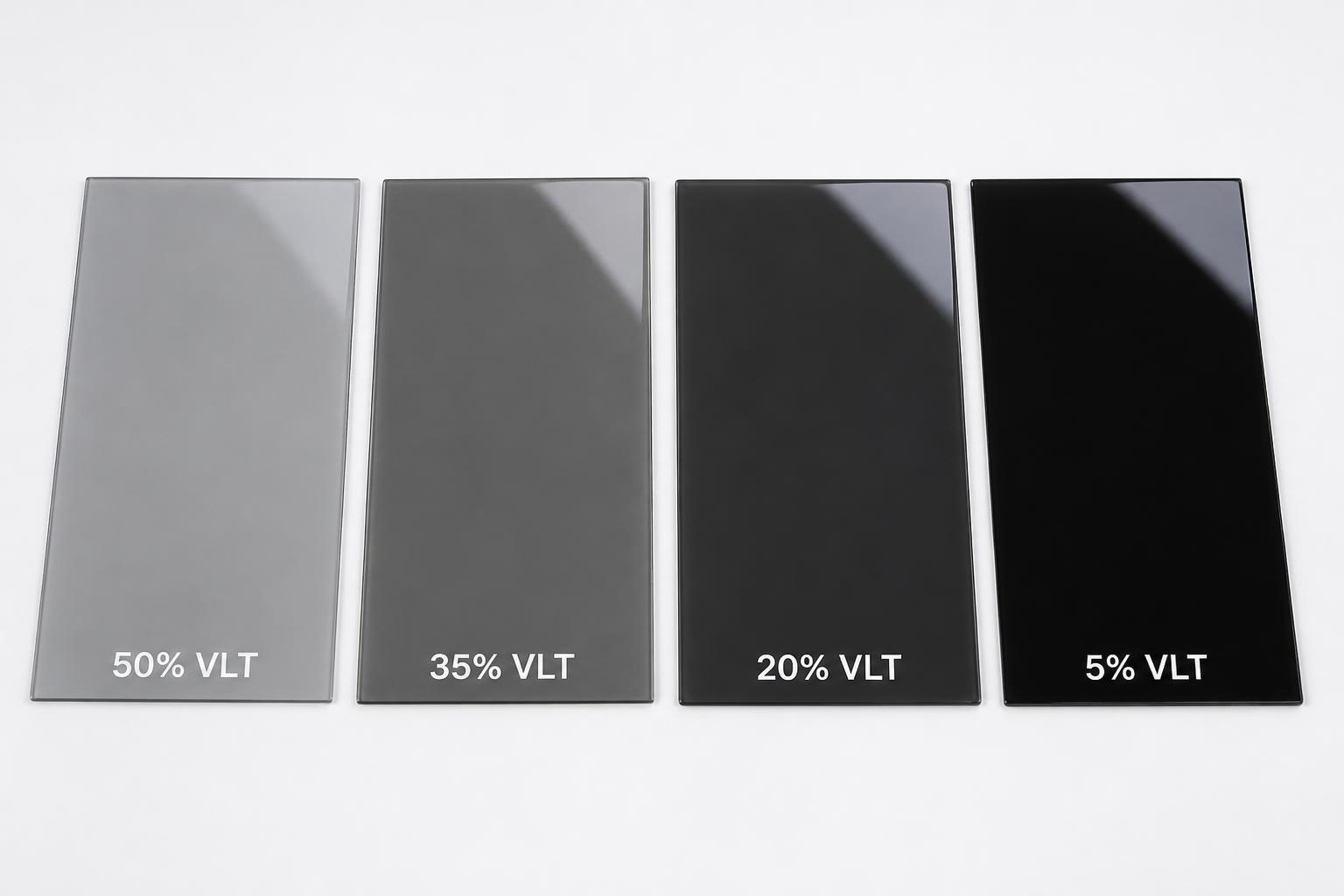Window tint film swatches labeled 50% VLT, 35% VLT, 20% VLT, and 5% VLT from light to dark