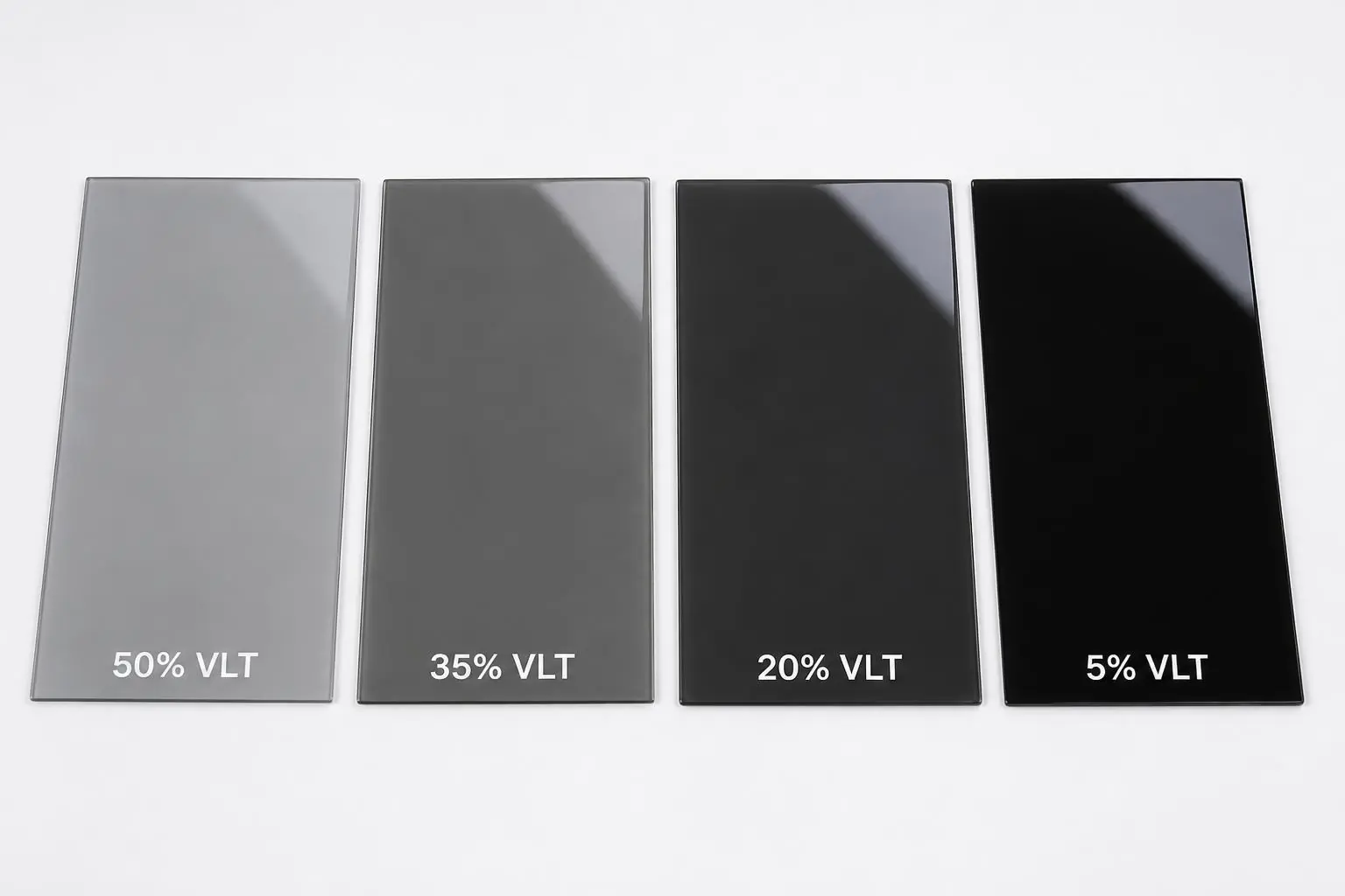 Échantillons de film teinté étiquetés 50 % VLT, 35 % VLT, 20 % VLT et 5 % VLT, du plus clair au plus foncé