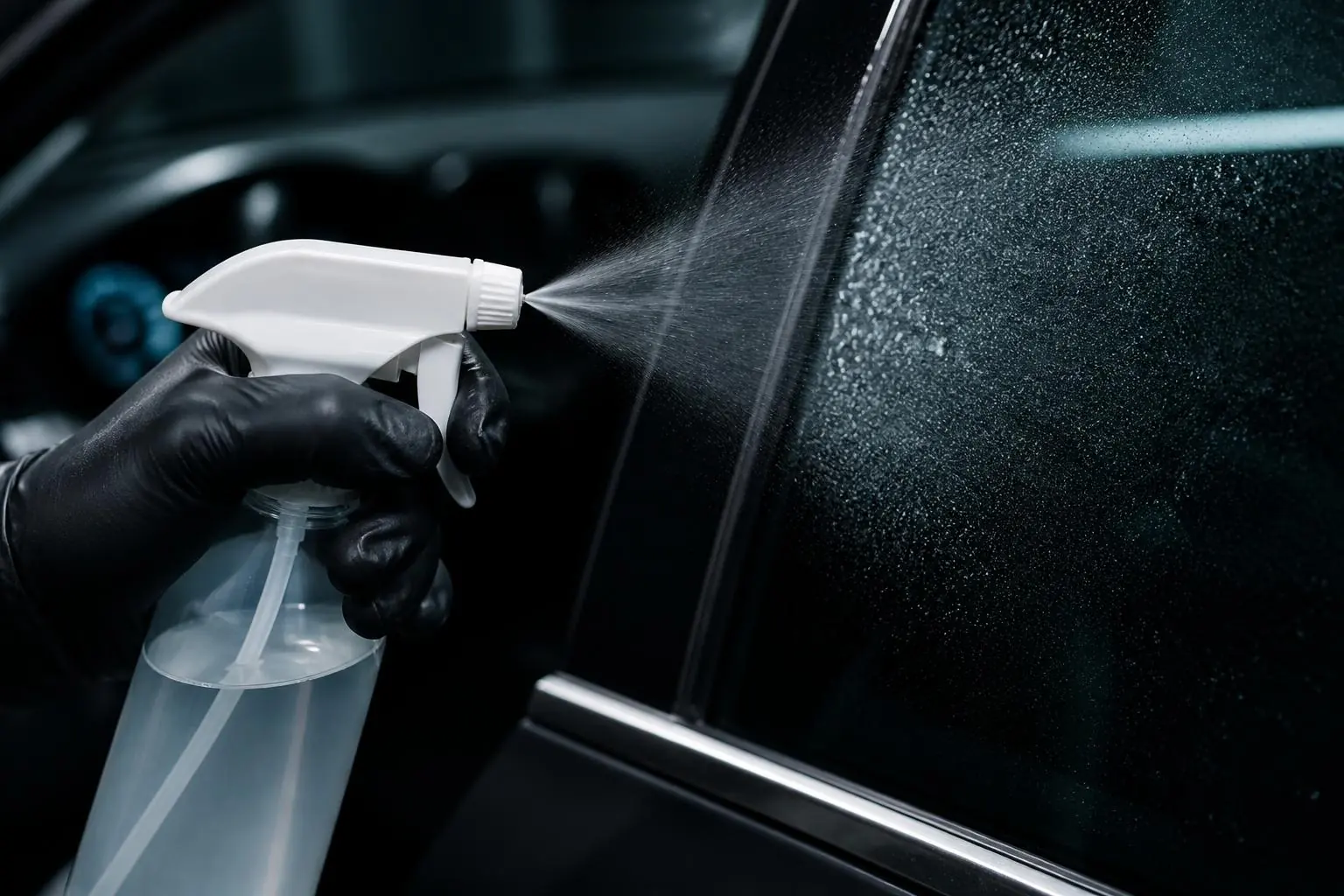 Main gantée vaporisant une vitre de voiture avec un vaporisateur translucide