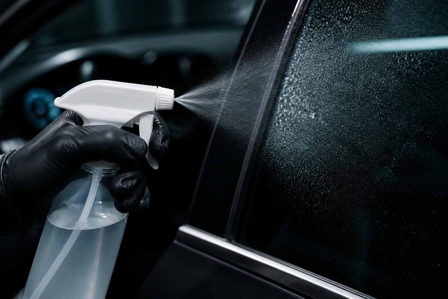 Gloved hand misting a car window with a translucent spray bottle