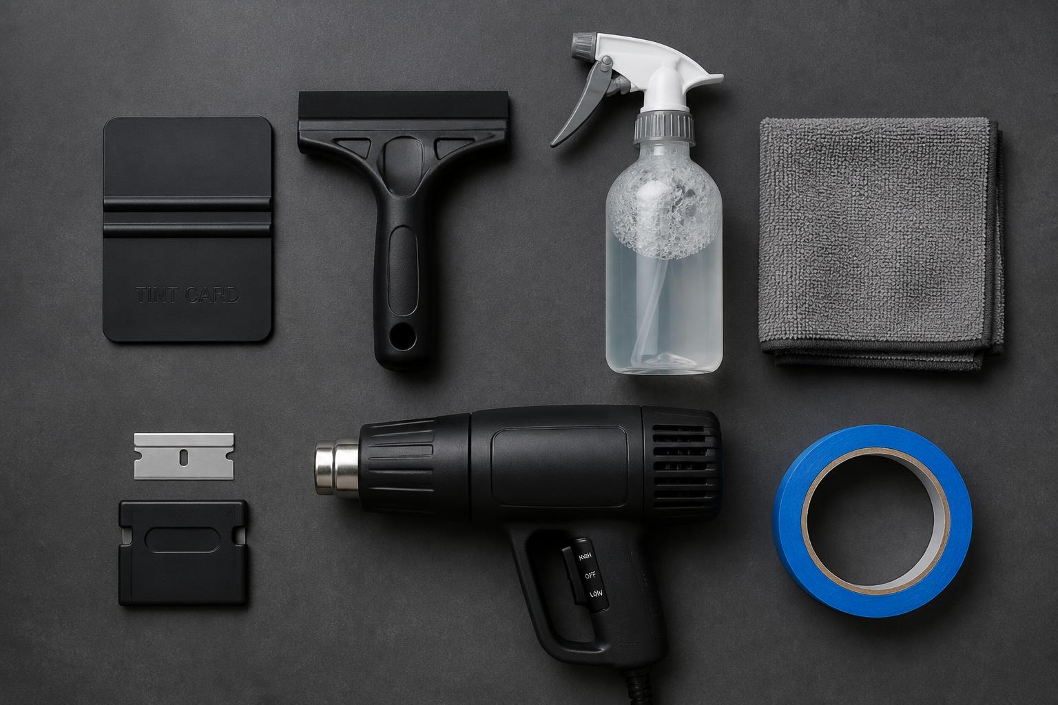 Flat-lay of tint install tools: hard card squeegee, spray bottle, microfiber, razor blade, masking tape